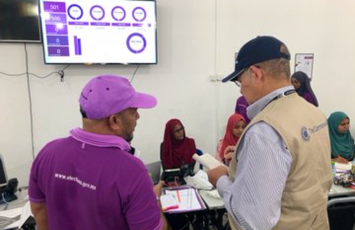 މާލެ: އޭޕްރިލް 6، 2019: ރައްޔިތުންގެ މަޖިލިސް އިންތިހާބުގައި ވޯޓު ލަމުންދާއިރު، ކޮމަންވެލްތުގެ ފަރާތުން ބައެއް އޮބްޒާވަރުން ވޯޓުލަމުންދާގޮތް ބެލުމަށް ހަރަކާތްތެރިވަނީ.-- ފޮޓޯ: އިލެކްޝަންސް ކޮމިޝަން