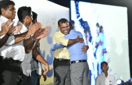 Former President Mohamed Nasheed at the celebratory ceremony following MDP's victory in the 2019 parliamentary elections. PHOTO: HUSSAIN WAHEED / MIHAARU