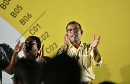 Former President Mohamed Nasheed celebrating MDP's overwhelming majority in 2019 parliamentary elections. Nasheed is the first former president to be elected for parliament. PHOTO: HUSSAIN WAHEED / MIHAARU