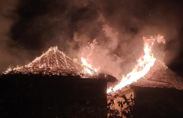 The fire that broke out in Casa Mia, a guesthouse in Mathiveri, on Sunday night. PHOTO: MIHAARU FILES