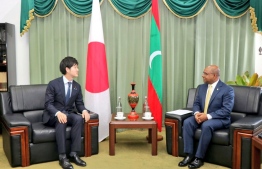 Japan's Parliamentary Vice Minister for Foreign Affairs Norikazu Suzuki (L) pays a courtesy call on Maldives' Foreign Minister Abdulla Shahid post the Parliamentary Election 2019. PHOTO/FOREIGN MINISTRY