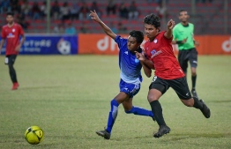 Players from Villa International High School and Centre for Higher Secondary Education vie for the ball. PHOTO: NISHAN ALI / MIHAARU
