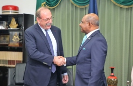 Minister of Foreign Affairs Abdulla Shahid meets with French Ambassador Eric Laverto. PHOTO: MINISTRY OF FOREIGN AFFAIRS