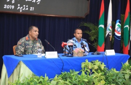 Chief of Defence Force Major General Abdulla Shamaal (L) and Commissioner of Police Mohamed Hameed hold press conference on national security, in the wake of the explosions in Sri Lanka on April 21, 2019. PHOTO/MNDF