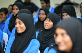 Students of Kaafu Thulsdhoo Education Centre in the audience of the first "Champion's Talk" hosted by Mihaaru. PHOTO: HUSSAIN WAHEED / MIHAARU