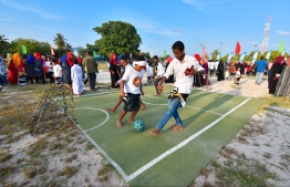 Youths take part in the football activities hosted at Mihaaru 'Sports Stars Fiesta'. PHOTO: HUSSAIN WAHEED / MIHAARU