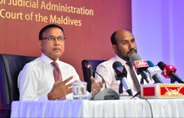 Chief Judicial Administrator of DJA, Dr Abdulla Nazeer and Judicial Academy's Chancellor Ahmed Maajid speak at press conference held by the DJA. PHOTO/MIHAARU