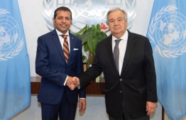 Dr Ali Naseer Mohamed shaking hands with UN's Secretary General Antonio Guterres. PHOTO: ALI NASEER