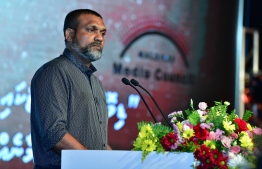 President of Maldives Media Council (MMC) Hidhaayathullah speaking at the event held in the Art Gallery by MMC on the occasion of World Press Freedom Day. PHOTO: NISHAN ALI / MIHAARU
