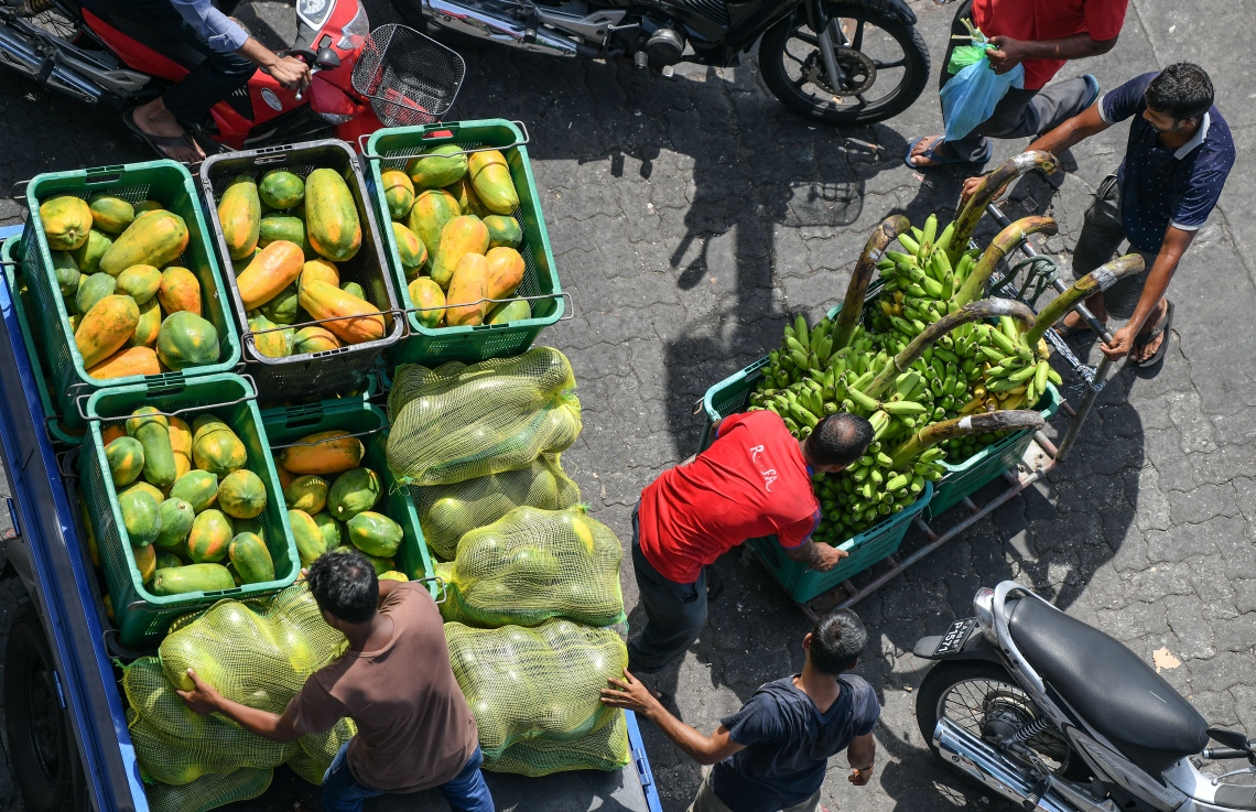 މާލެ: މޭ 5، 2019- މަސް މާރުކޭޓު ސަރަހައްދުގައި ބަޔަކު ފަޅޮލާއި ކެޔޮގަނޑުތައް އުފުލަނީ: އެކި ރަށްރަށުން ގިނަ ބާވަތްތަކުގެ މޭވާ އާއި ތަރުކާރީ މާލޭގެ ބާޒާރަށް ގެނެސްފައިވީ ނަމަވެސް އަގުތައް ތިރިއެއް ނުވޭ.---ފޮޓޯ: ހުސައިން ވަހީދު/މިހާރު