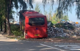 The bus belonging to Maldives Transport and Contracting Company, post-accident. PHOTO: MALDIVES POLICE SERVICE