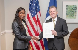 Maldivian Ambassador to the United States Thilmeeza Hussain presents her credentials to US State Department's Chief of Protocol, Ambassador Sean P. Lawler. PHOTO: EMBASSY OF MALDIVES TO UNITED STATES