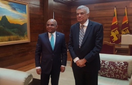 Foreign Minister Abdulla Shahid (L) pays a courtesy call on Prime Minister Ranil Wikremesinghe during his official trip to Sri Lanka in May 2019. PHOTO/Ministry of National Resources and Economic Affairs, Sri Lanka