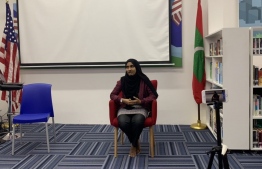 Aisha Hussain Rasheed speaking at the American Center of Maldives (ACM). PHOTO: ABDULLA RAYYAN