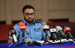 During the Maldives Police Service press conference held at Iskandharu Koshi. PHOTO: HUSSAIN WAHEED / MIHAARU