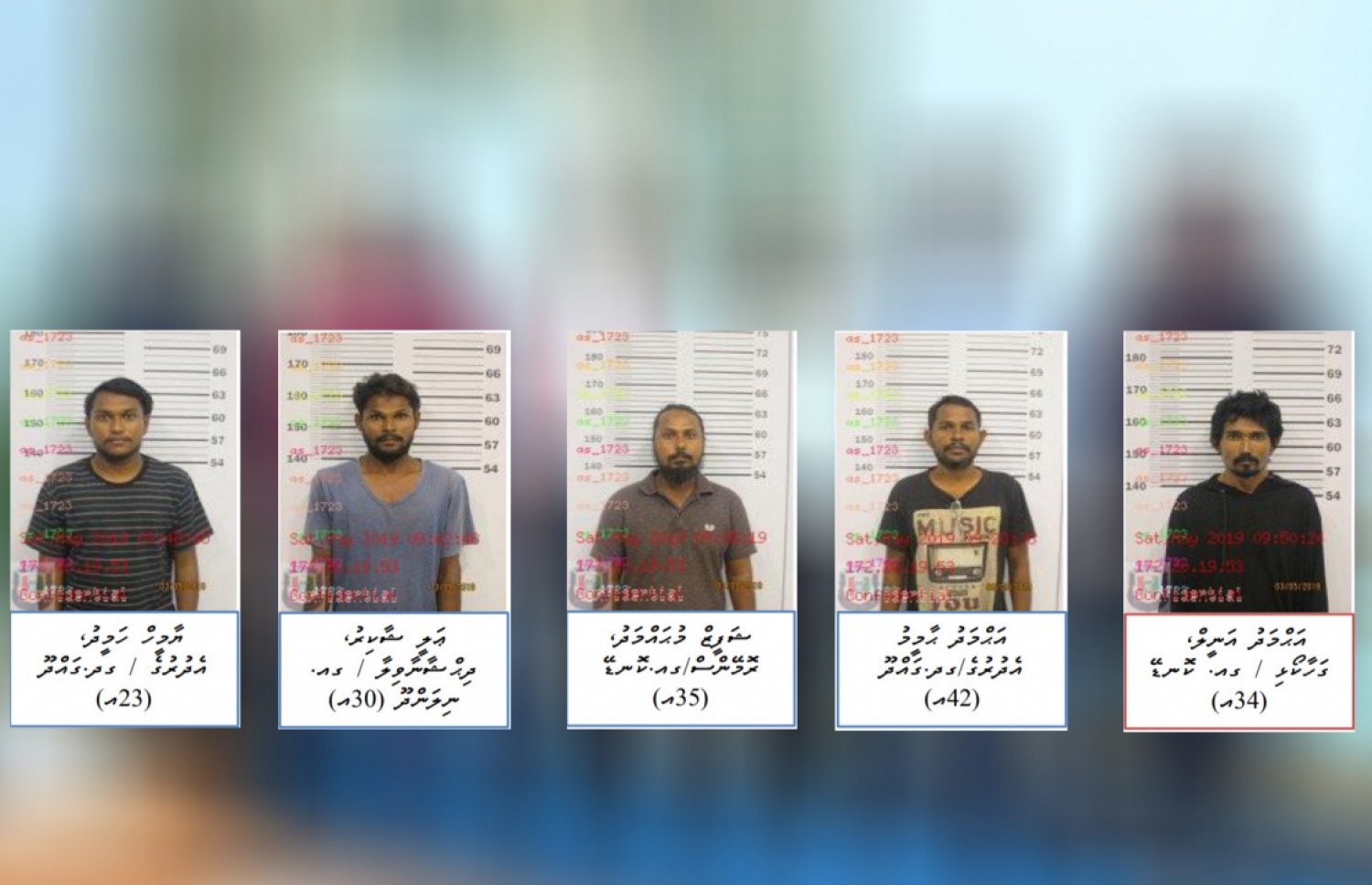 ފަޅު ރަށުން މަސްތުވާތަކެތި ފެނުނު މައްސަލައިގައި ހައްޔަރު ކުރި ފަސް މީހުން. --- ފޮޓޯ: ޕޮލިސް