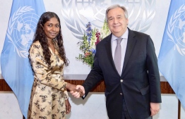 Maldivian Permanent Representative to the United Nations Thilmeeza Hussain, with UN Secretary General António Guterres. PHOTO: PERMANENT MISSION OF THE MALDIVES TO THE UNITED NATIONS