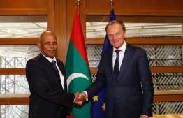 Ambassador of Maldives to the EuropeanUnion Hassan Sobir presents his Letters of Credence to the President of the European Council Donald Tusk. PHOTO: FOREIGN MINISTRY