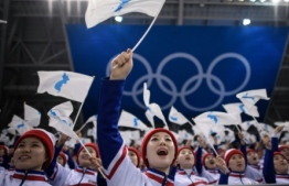 North Korean cheerleaders wave Unified Korea flags at the Pyeongchang Winter Olympics. PHOTO/AFP