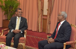President Ibrahim Mohamed Solih congratulates former President Mohamed Nasheed on being elected as speaker of parliament. PHOTO: PRESIDENTS OFFICE