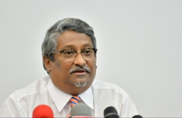 State Minister of Foreign Affairs Ahmed Khaleel speaks at press conference regarding the state visit of Indian PM Narendra Modi. PHOTO: HUSSAIN WAHEED / MIHAARU