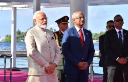 Indian Prime Minister Narendra Modi (L) and President Ibrahim Mohamed Solih at the Republic Square, where the former was officially welcomed on his first state visit to Maldives on June 8, 2019. PHOTO/PRESIDENT'S OFFICE