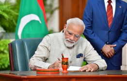 Indian Prime Minister Nrendra Modi during his official state visit to Maldives. President Ibrahim Mohamed Solih conferred him with the title of Order of the rule of Izzudeen. PHOTO: MIHAARU FILES