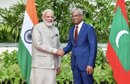 Indian Prime Minister Narendra Modi and President Ibrahim Mohamed Solih shortly before the two states convened for official talks at the President's Office. PHOTO: NISHAN ALI / MIHAARU