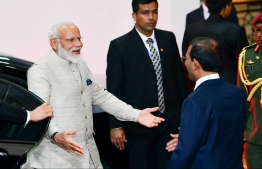 June 8, 2019, People's Majilis, Male' City: Indian Prime Minister Narendra Modi is greeted by Parliament Speaker Mohamed Nasheed as he arrives to address the Maldivian parliament. PHOTO: HUSSAIN WAHEED/MIHAARU