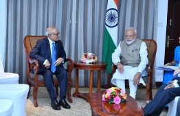 Indian Prime Minister Narendra Modi meeting former president Maumoon Abdul Gayoom, the leader of the Maumoon Reform Movement. PHOTO: PRESIDENCY MALDIVES