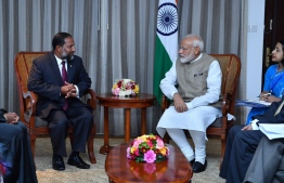 Indian Prime Minister Narendra Modi meeting Adhaalath Party leader and Minister of Home Affairs Imran Abdula. PHOTO: PRESIDENCY MALDIVES