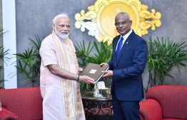 Prime Minister of India Narendra Modi pictured with President Ibrahim Mohamed Solih on a State Visit to Maldives. PHOTO: PRESIDENT'S OFFICE