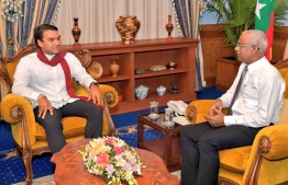 Sri Lankan politician Namal Rajapaksa (L) calls on President Ibrahim Mohamed Solih. PHOTO: NAMAL RAJAPAKSA TWITTER