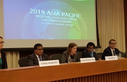 Minister of Environment Dr Hussain Rasheed Hassan (2L) during the 2019 Asia-Pacific Regional High-level Forum on Green Economy. PHOTO: MINISTRY OF ENVIRONMENT