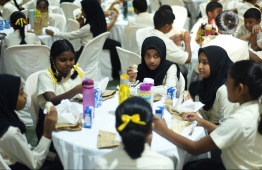 Students of Thaajuddeen School enjoying their school breakfasts. Providing a healthy breakfast for every student is a key pledge of President Ibrahim Mohamed Solih's administration. PHOTO: HUSSAIN WAHEED/MIHAARU