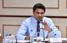 MP Ahmed Easa talking during a meeting by Independent Bodies Committee: MP Easa was accused of domestic violence against his wife Asra Naseem and their child -- Photo: Majilis