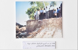 A photograph from 1998 with the then-president Maumoon Abdul Gayoom  overlooking a high eroded island in Haa Alif Atoll. PHOTO: HUSSAIN WAHEED / MIHAARU