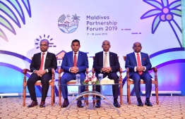 Minister of Finance Ibrahim Ameer (L), Vice President Faisal Naseem (C-L), President Ibrahim Mohamed Solih (C-R) and Minister of Foreign Affairs Abdulla Shahid (R) during the welcome reception. The Procurement Board was established under a presidential decree by President Ibrahim Mohamed Solih and chaired by the Minister of Finance. PHOTO: MINISTRY OF FOREIGN AFFAIRS