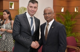 Serbian Minister of Labour, Employment, Veteran and Social Policy Zoran Djordjevic alongside President Ibrahim Mohamed Solih (R), during the Maldives Partnership Forum. PHOTO: PRESIDENT'S OFFICE