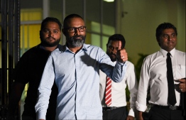 Supreme Court Judge Abdulla Didi leaving the meeting held by Judicial Service Commission (JSC) to collect statements on Monday night. PHOTO: HUSSAIN WAHEED/ MIHAARU