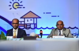 Minister of Finance Ibrahim Ameer and Minister of Foreign Affairs Abdulla Shahid, during the press conference following the conclusion of the Maldives Partnership Forum. PHOTO: HUSSAIN WAHEED / MIHAARU