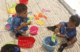 Preschoolers playing in the compound of Saadhaa Preschool. PHOTO: HAWWA AMAANY ABDULLA/ THE EDITION