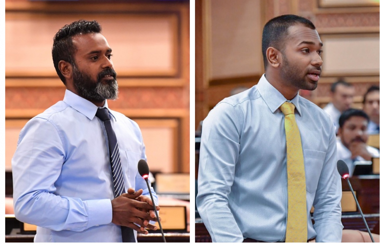 ގަލޮޅު ދެކުނު ދާއިރާގެ މެމްބަރު މީކާއިލް އަހުމަދު ނަސީމް (ކ) އަދި ކަނޑިތީމު ދާއިރާގެ މެމްބަރު އަބްދުﷲ ޝަހީމް. --- ފޮޓޯ: މަޖިލިސް