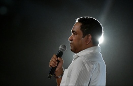 Former President Abdulla Yameen speaks at the PPM/PNC opposition rally held on July 4, 2019. PHOTO: HUSSAIN WAHEED / MIHAARU