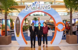 The Expo kicked off through a ribbon cutting ceremony by the Managing Director of MMPRC Thoyyib Mohamed, AirAsia's Regional Commercial Director Amanda Woo (R) and Maldivian Ambassador-Designate to Malaysia Visam Ali (C). PHOTO: MALDIVES MARKETING AND PUBLIC RELATIONS CORPORATION / VISIT MALDIVES