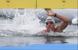 This handout photo taken and released by the FINA Organising Committee via Yonhap shows Hungary's Kristof Rasovszky competing in the men's 5km open water swimming final during the 2019 World Championships in Yeosu on July 13, 2019. (Photo by Handout / FINA Organising Committee via Yonhap / AFP) / 