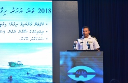 Officer-in-charge of the Maritime Rescue Coordination Centre (MRCC) Captain Ahmed Shiyam speaking at the inauguration of the Boat Operators Training Programme. PHOTO: HUSSAIN WAHEED/ MIHAARU