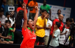Aishath Rafa Nazim after the table tennis team's gold-medal victory. PHOTO: NISHAN ALI/ MIHAARU