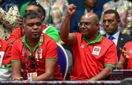 Minister of Foreign Affairs Abdulla Shahid and Secretary-General of the Maldives Olympic Committee (MOC) Ahmed Marzooq at Mauritius celebrating a Maldivian victory. PHOTO: NISHAN ALI/ MIHAARU