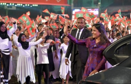 First Lady waving to the school students who performed various acts during the celebrations held to mark Independence Day. PHOTO: PRESIDENTS OFFICE